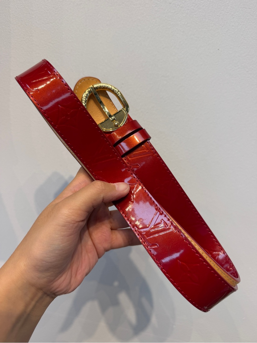 Louis Vuitton Red Patent Leather Women's Belt with Gold Buckle